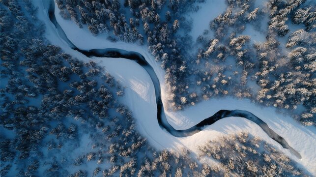 Aerial view of a river winding through a snowy forest. the river is curving through the center of the image, with the water flowing through it.