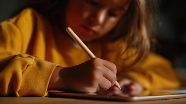 Young girl, probably around 6-7 years old, sitting at a table and writing on a piece of paper with a pencil. she is wearing a yellow long-sleeved shirt and her hair is pulled back in a ponytail.