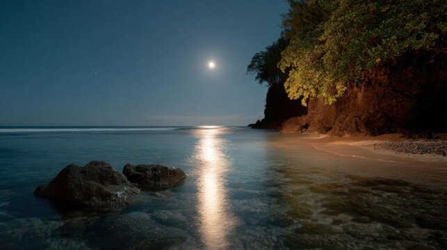 Beautiful night scene of a beach. the sky is dark blue with a full moon visible in the top right corner. the moon is partially obscured by a tree on the right side of the image.