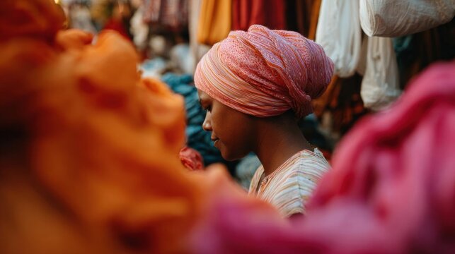 Young african woman wearing a pink turban on her head. she is standing in front of a market stall with various items for sale. the woman is wearing a striped shirt and her hair is tied up in a bun.