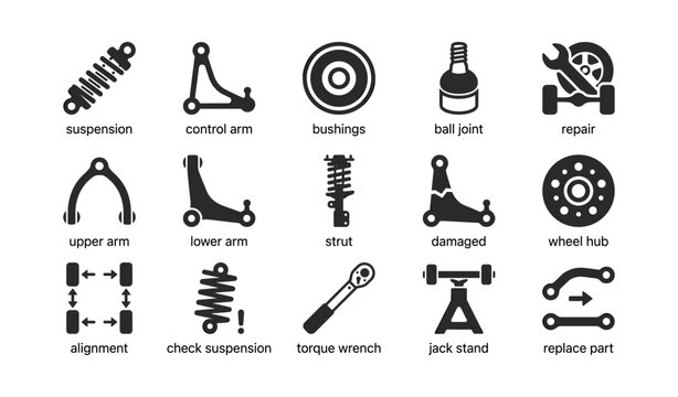 Automotive suspension icons of parts labeled on white background