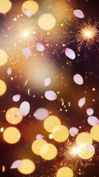 Sparkling bokeh lights with falling pink flower petals. Golden festive background for Ganesh Chaturthi celebration. Abstract light effect for religious events. Vertical video