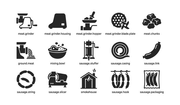 Sausage production and meat grinder icons on white background