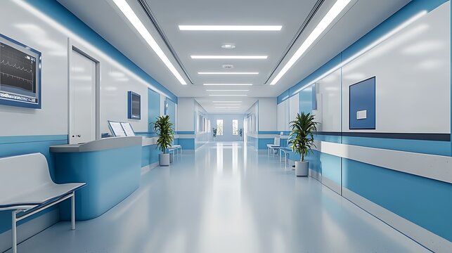 Modern hospital corridor with blue accents and bright lighting