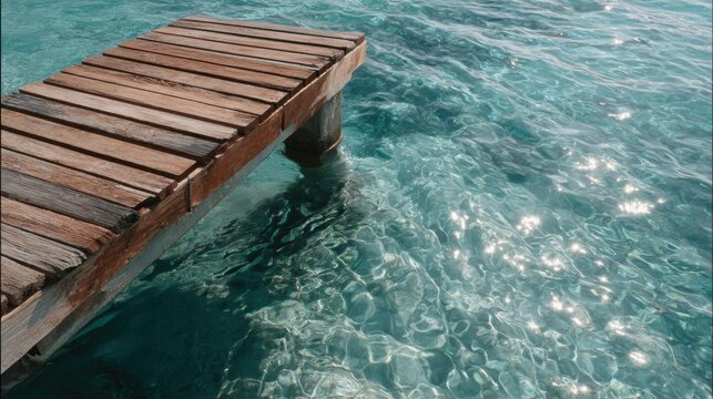 Wooden pier extending into the ocean. the pier is made of wooden planks and is supported by two concrete pillars.