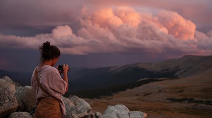 Naklejka premium Young woman standing on a rocky cliff overlooking a beautiful landscape. she is holding a camera and appears to be taking a photo of the sunrise or sunset.