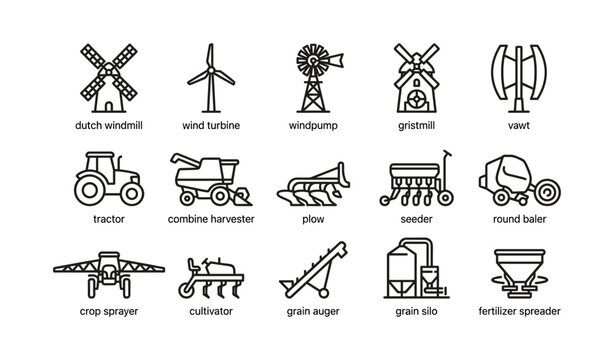 Agriculture and wind energy icons arranged in grid on white background