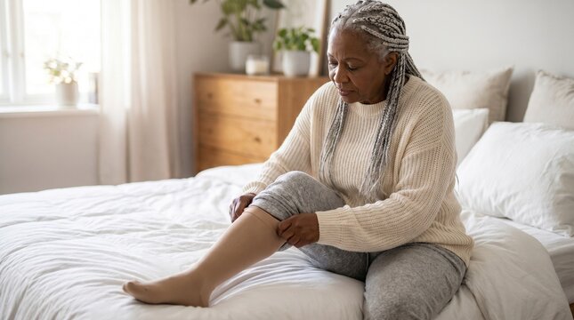 Senior African American woman sitting on bed and putting on medical compression stockings. Circulation issues, healthcare, and independent elderly lifestyle concept