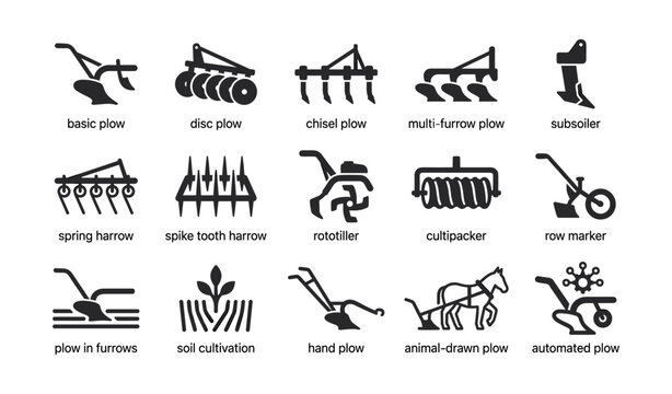 Plow and cultivation tool icons showing implements on white background