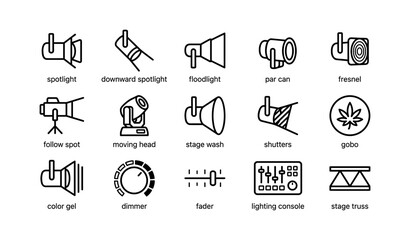 Fototapeta premium Stage lighting and rigging icons showing fixtures and controls