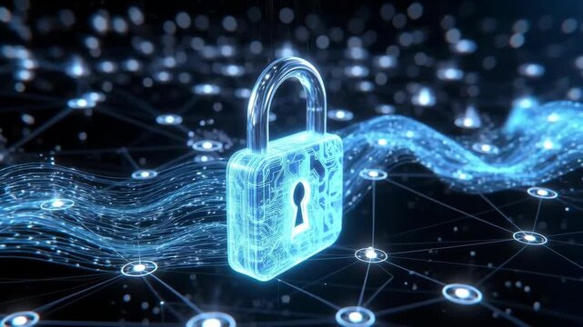 Digital padlock above glowing network lines in futuristic style on dark background, concept of data protection and secure connectivity