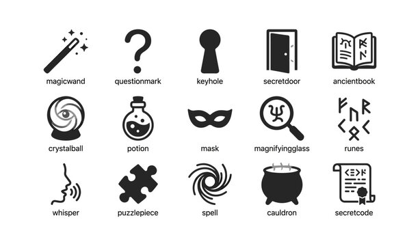 Magic and mystery icons showing spells and occult symbols