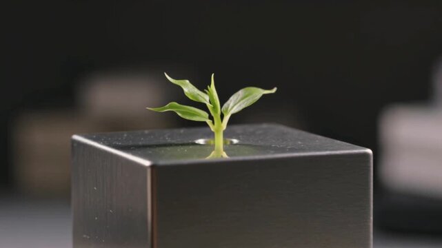 Peque&ntilde;o brote verde creciendo de un cubo de metal s&oacute;lido: concepto de resiliencia y ecolog&iacute;a