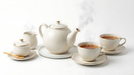 Fototapeta premium Elegant white tea set with gold trim on a white background