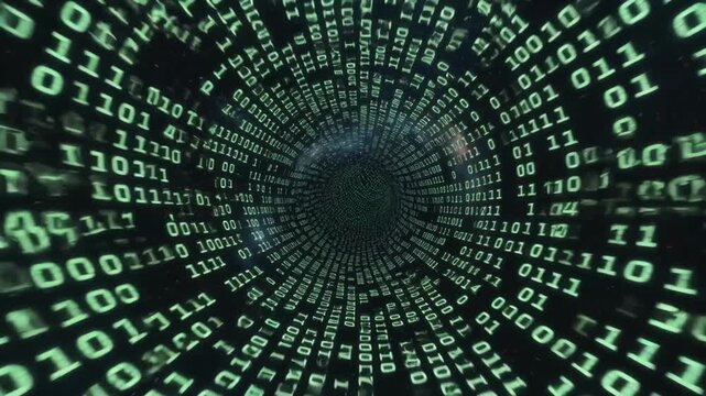 Binary code swirling in a tunnel forming abstract digital style on dark background, concept of data flow and cyberspace