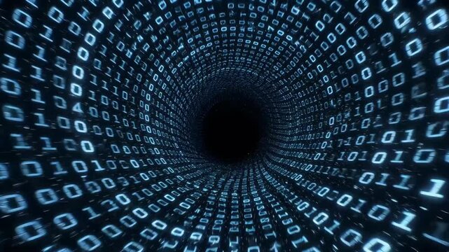 Binary digits forming a swirling tunnel in digital style on dark background, representing concept of data flow and cyberspace