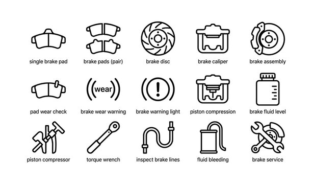 Brake components and service icons arranged on white grid