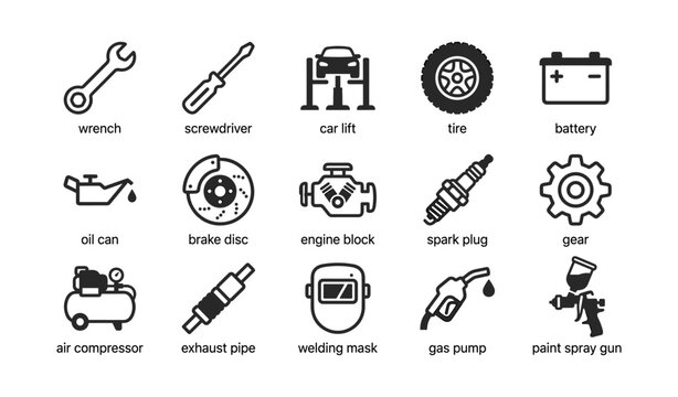 Automotive repair icons arranged in grid on white background