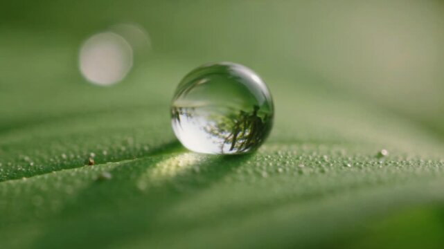 Primer plano macro de una perfecta gota de roc&iacute;o sobre una hoja verde con reflejos