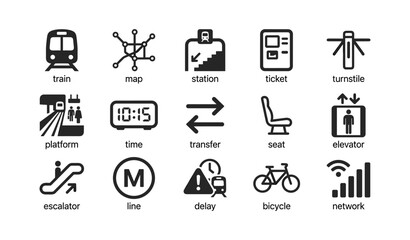 Fototapeta premium Transport icons showing train services and station features on white
