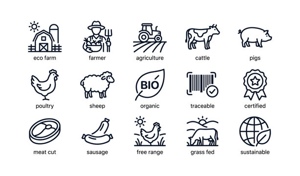 Farm and agriculture icons arranged in grid on white background