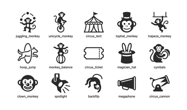 Monkey circus icons showing acts and props on white background