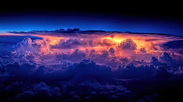 Towering, stormy clouds ablaze at sunset