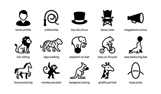 Circus animal taming and performer icons arranged in grid