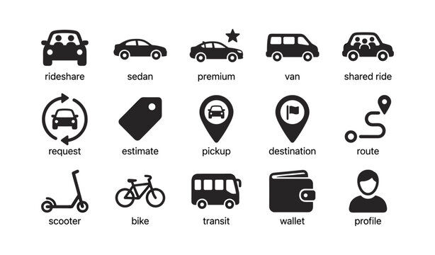 Transportation and rideshare icons showing vehicles and routes
