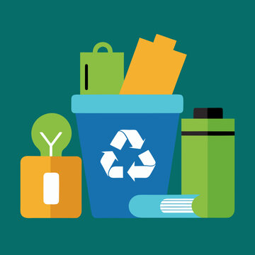 Colorful recycling illustration featuring trash bin with various recyclable items around