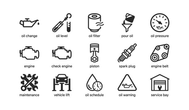 Car maintenance and oil service icons displayed on white background