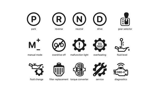 Vehicle transmission and warning icons arranged on white background