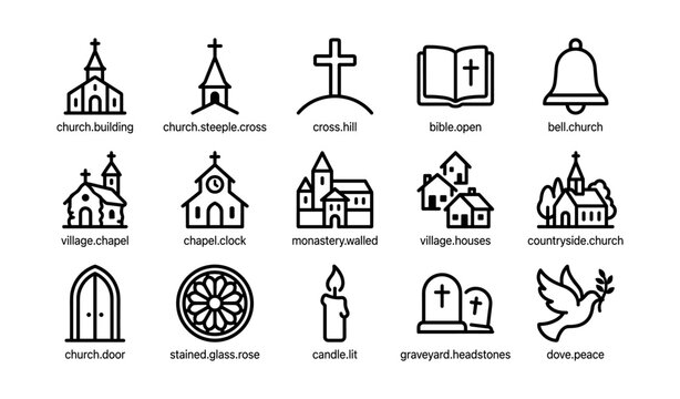 Church and religious icons including chapel, graveyard and symbols