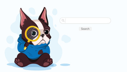 Fototapeta premium Cute French bulldog searching with magnifying glass illustration for website search page and UI design