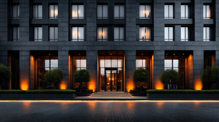 Obraz premium Modern building facade glowing warmly at blue hour, showcasing urban architecture, geometric design, and illuminated entrance with sleek street reflections