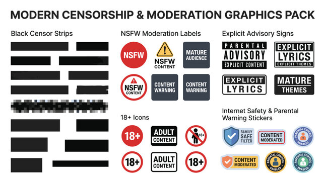 Modern Content Moderation and Censorship Labels Icon Set &ndash; Flat Warning Badges and Safety Graphics Collection