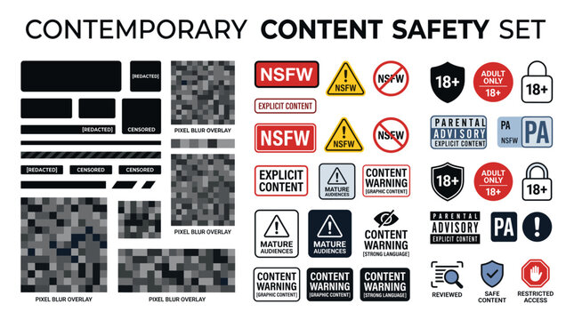 Vector Set of Contemporary Content Safety and Age Restriction Elements &ndash; NSFW Warnings, 18+ Badges, Pixel Blur, Content Warning Labels and Parental Control Icons