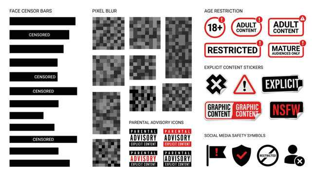 Modern Flat Vector NSFW Restriction and Censorship Elements Set with Pixel Blur Templates, Explicit Content Warnings and Red Black Moderation Icons on White Background