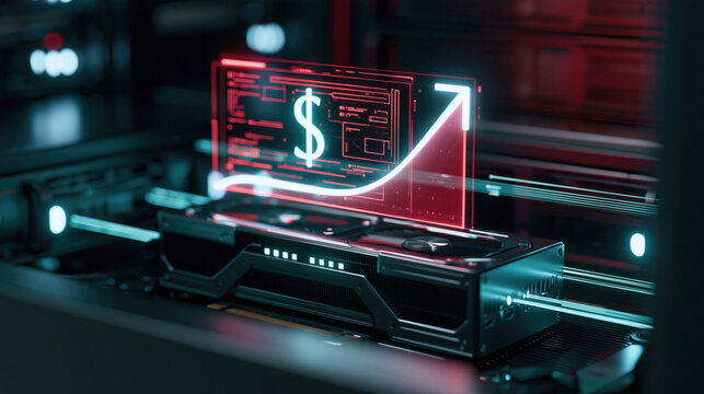 Cinematic close-up of enterprise GPU server with glowing holographic financial overlay showing sharply rising cost curve and dollar sign. Concept of AI compute power pricing