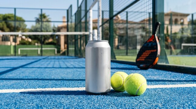 Silver Can Mockup on Padel Court with Balls and Racket, Active Lifestyle