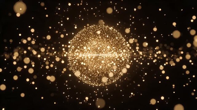 Glowing particles orbiting a central illuminated sphere in dark abstract space