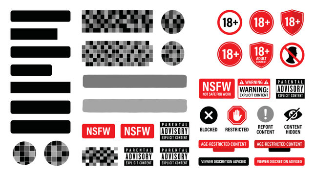 Minimal NSFW Censorship Bars, Pixel Blur Elements and Adult Content Moderation Warning Icon Set