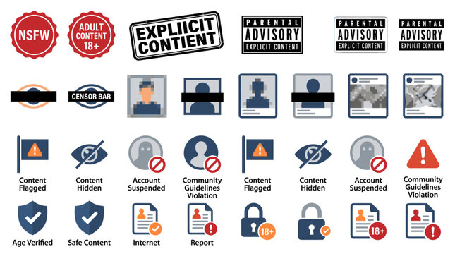 Modern NSFW Moderation Icons and Content Restriction Symbols Collection in Minimal Flat Vector Style