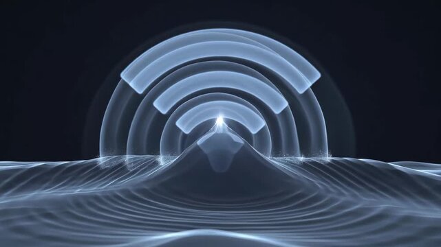 Glowing wireless icon over splashing water mound in smooth abstract style on dark background, concept of digital connection technology