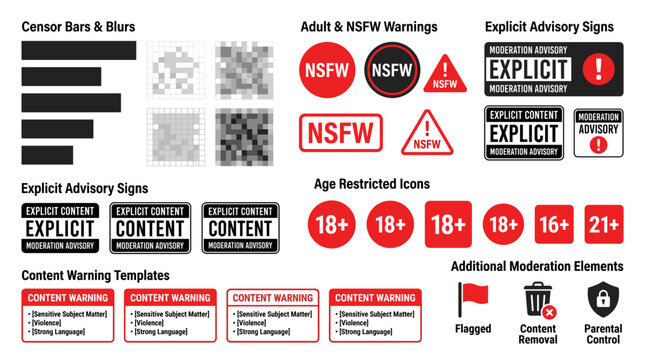 Comprehensive Content Moderation Label Set with NSFW Warnings, Age Restriction Badges and Censorship Elements
