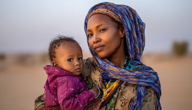Mother holding baby in desert landscape, embracing nomadic life