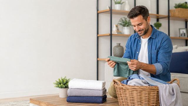 smiling man folding laundry, concept of domestic equality and organized home care