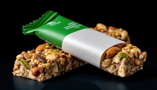 Nutritious cereal bar emerging from green wrapper on black background