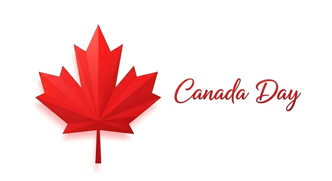 Canada day greeting card with 3d origami style red maple leaf isolated on white background