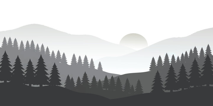 Minimalist monochrome pine forest mountain landscape backdrop with rising sun scenery